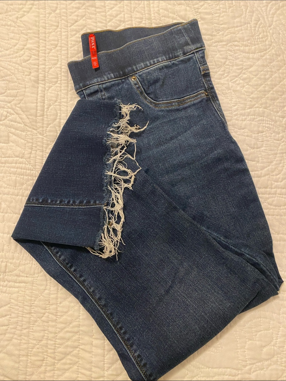 SPANX Dark Blue Flared Jeans with Frayed Side Detail